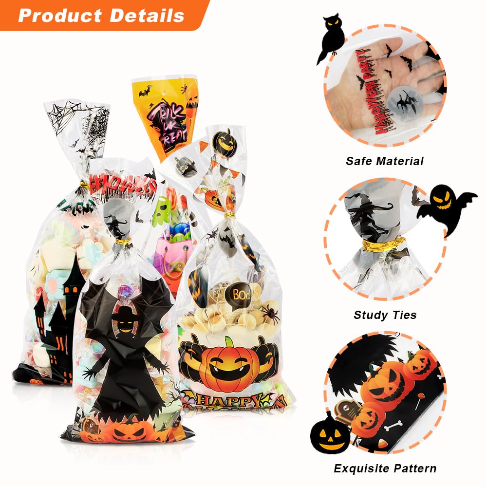 Halloween Treat Bags, Halloween Candy Bags, 100PCS Halloween Cellophane Treat Bags, Halloween Cello Cookies Goodie Gift Snacks Bags with Twists Tie for Halloween Trick or Treat Party Favors Supplies