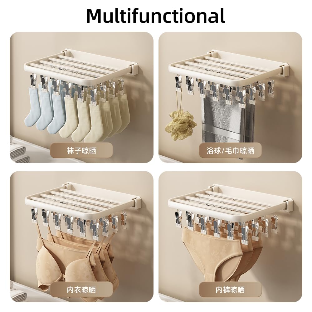 Wall mounted Sock drying rack Clothes Drying Rack,24 Clips Hole-Free Hidden Retractable Clothes Drying Rack Folding Indoor, Laundry Clothes Drying Rack Suitable for Drying Socks (WHITE-24 Clips)