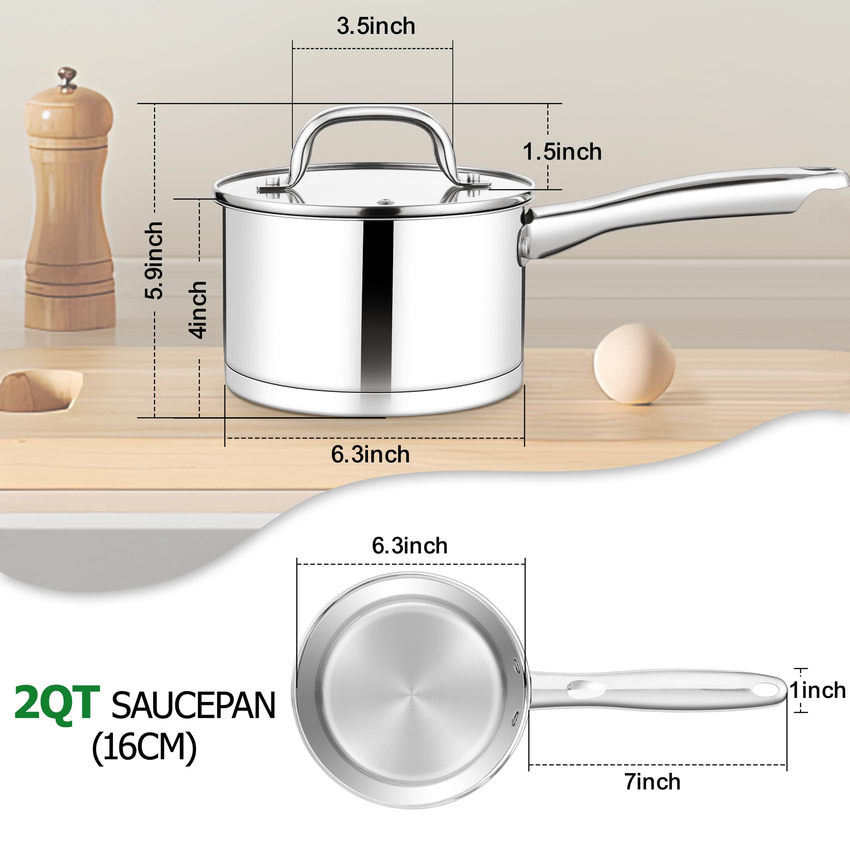 TeamFar 2 qt Saucepan with Lid, Stainless Steel Small Sauce Milk Pan with Tri-ply Bottom for Induction/Gas/Electric/Ceramic, Healthy & Heavy Duty, Mirror Finish & Straight Side, Dishwasher Safe