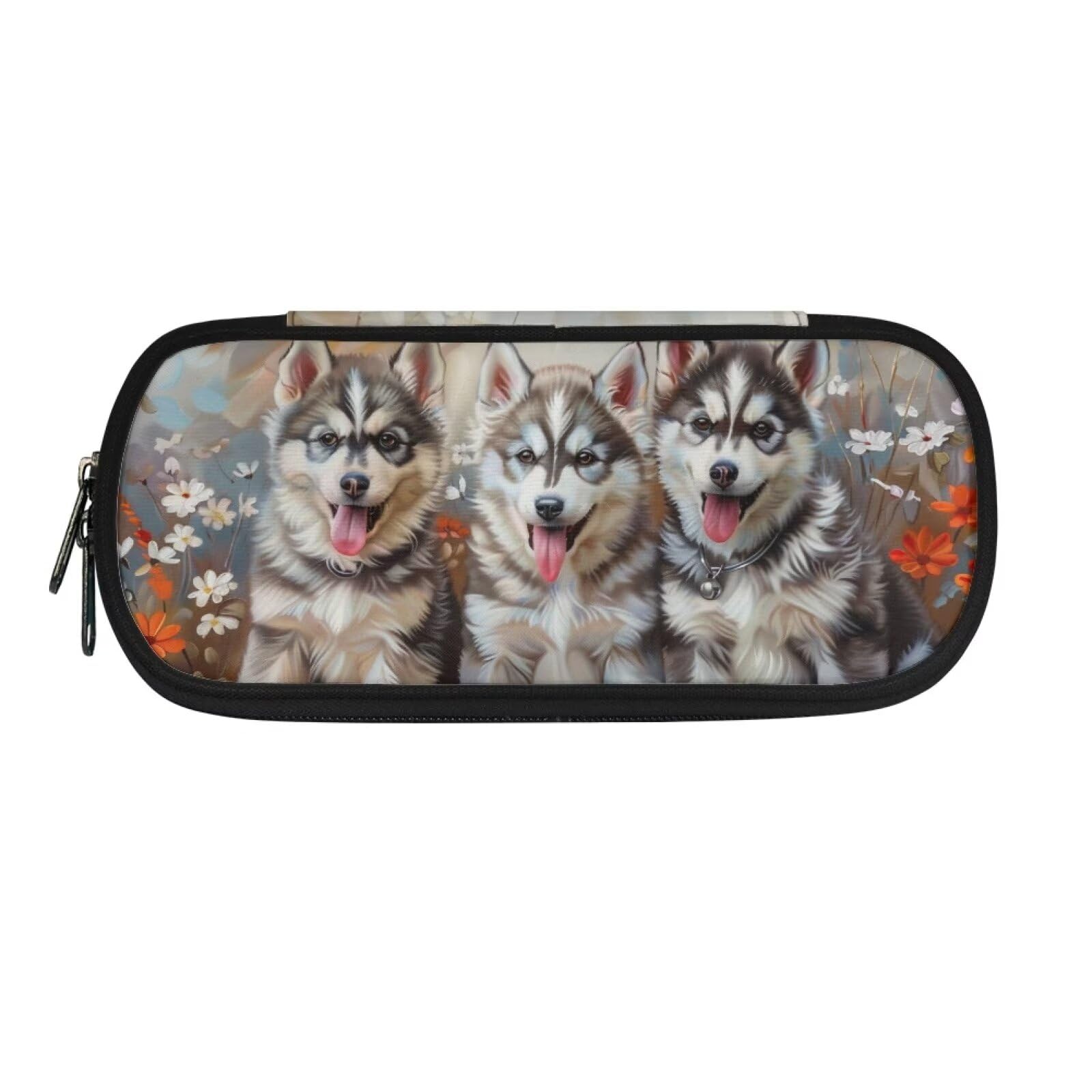 Lotusorchid Husky Dog Printed Pencil Case for Kids Students Adults, Lightweight Flower Pen Case Zipper School Pencil Pouch Organizer, Multi-Purpose Handy Roomy Pen Holder Bag for Purse