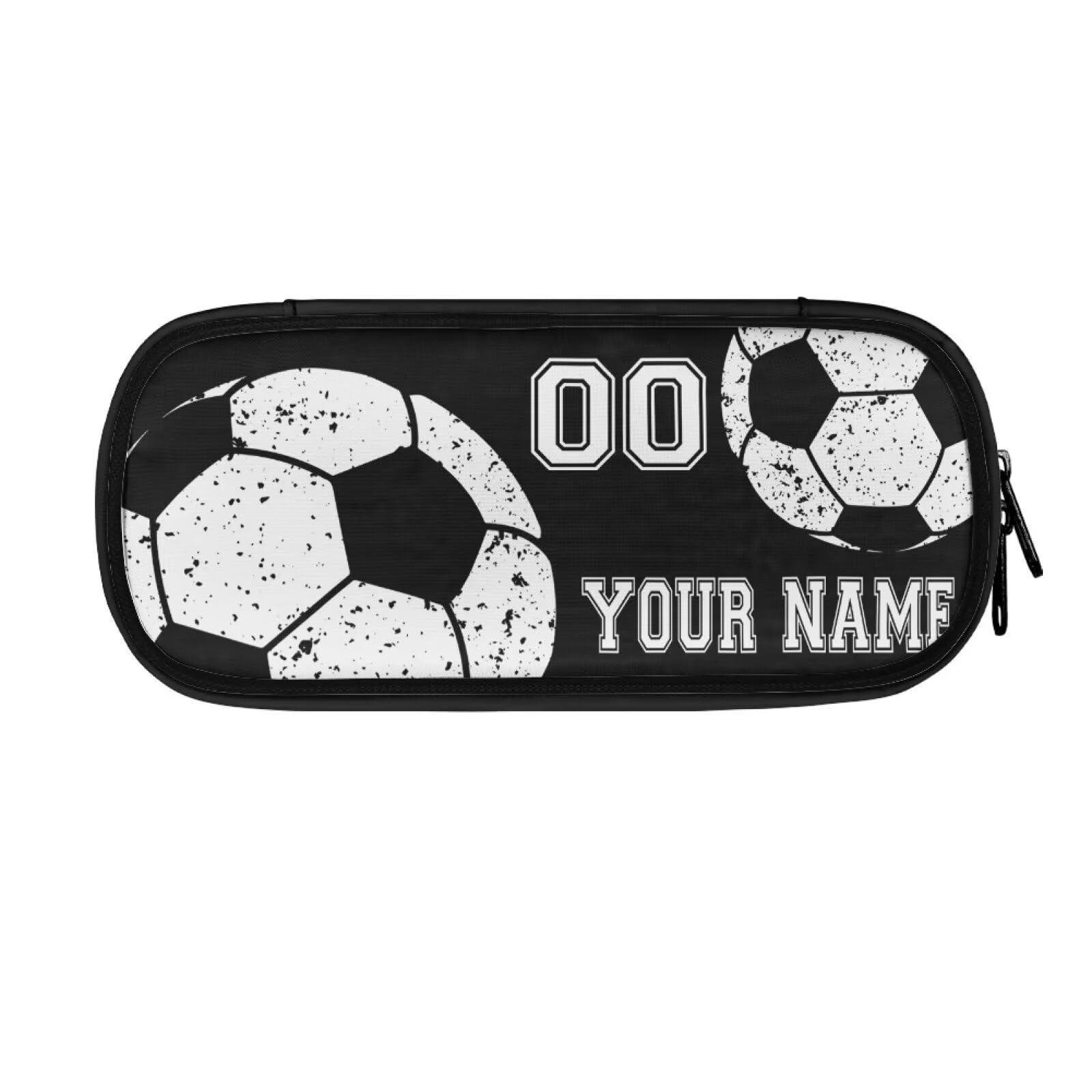 TSOVTHRID Soccer Football Print Personalized Pencil Case Custom Name Number Black Pen Bags Zipper Pencil Holders Unique Gifts for Children Boys