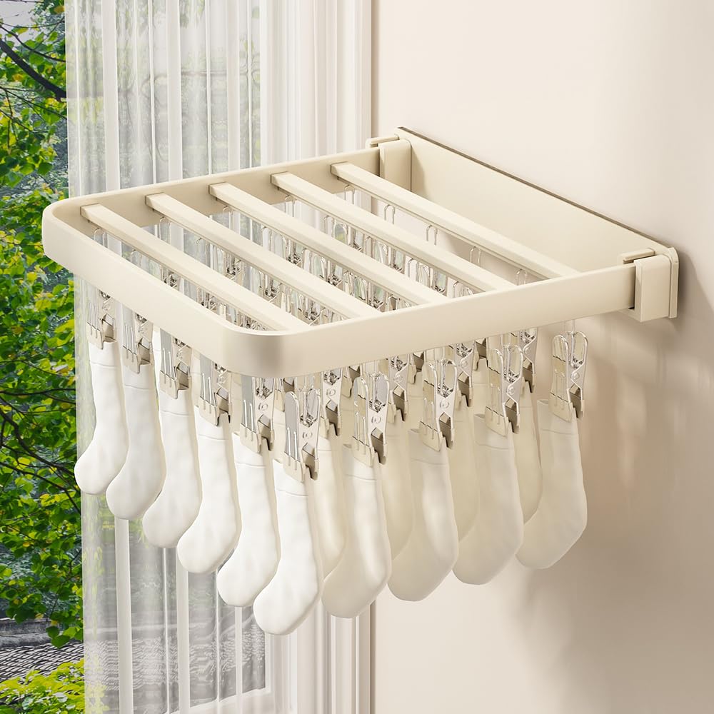 Wall mounted Sock drying rack Clothes Drying Rack,24 Clips Hole-Free Hidden Retractable Clothes Drying Rack Folding Indoor, Laundry Clothes Drying Rack Suitable for Drying Socks (WHITE-24 Clips)