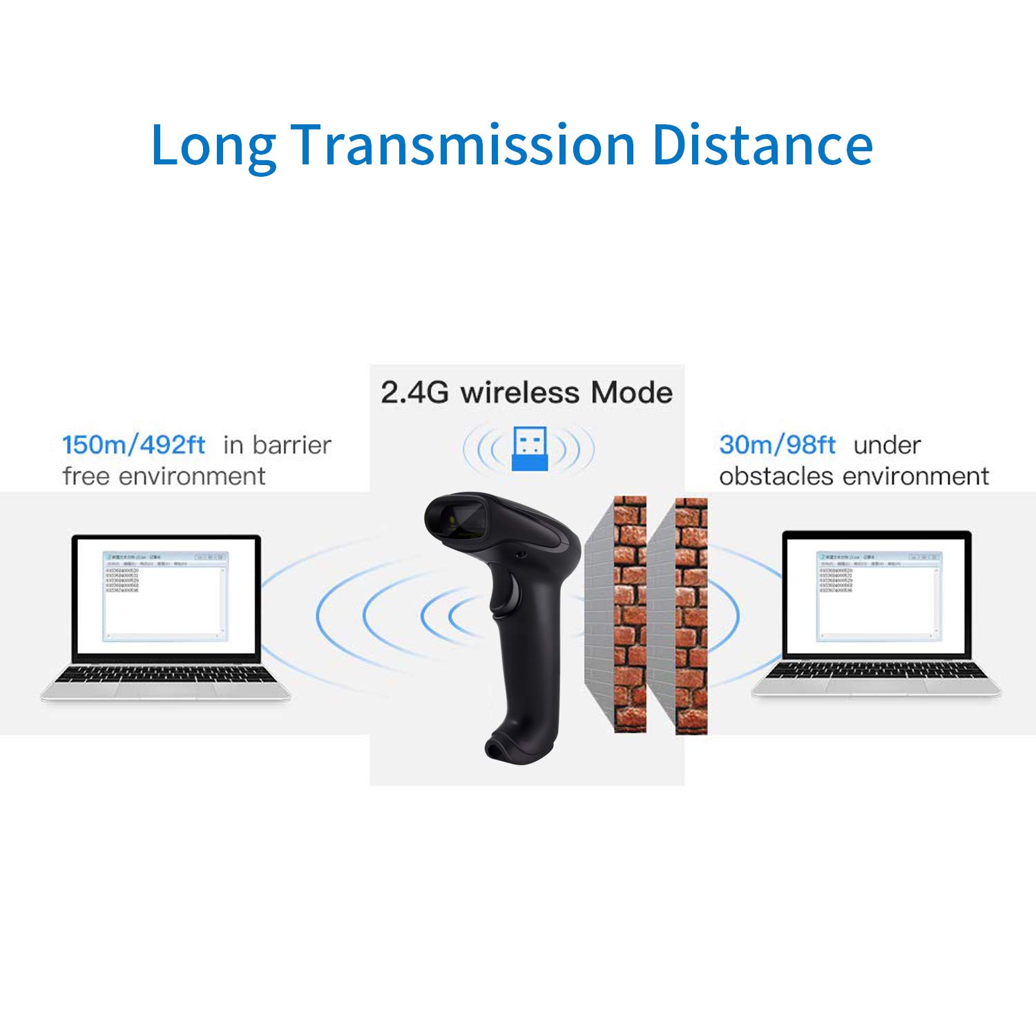 Alacrity 1D 2D Wireless Barcode Scanner with Stand Handheld & Handsfree QR Wired & Wireless 2 in 1 Inventory Bar Code Reader with 1800mA*H Rechargeable Battery 98ft Wireless Transmission Distance