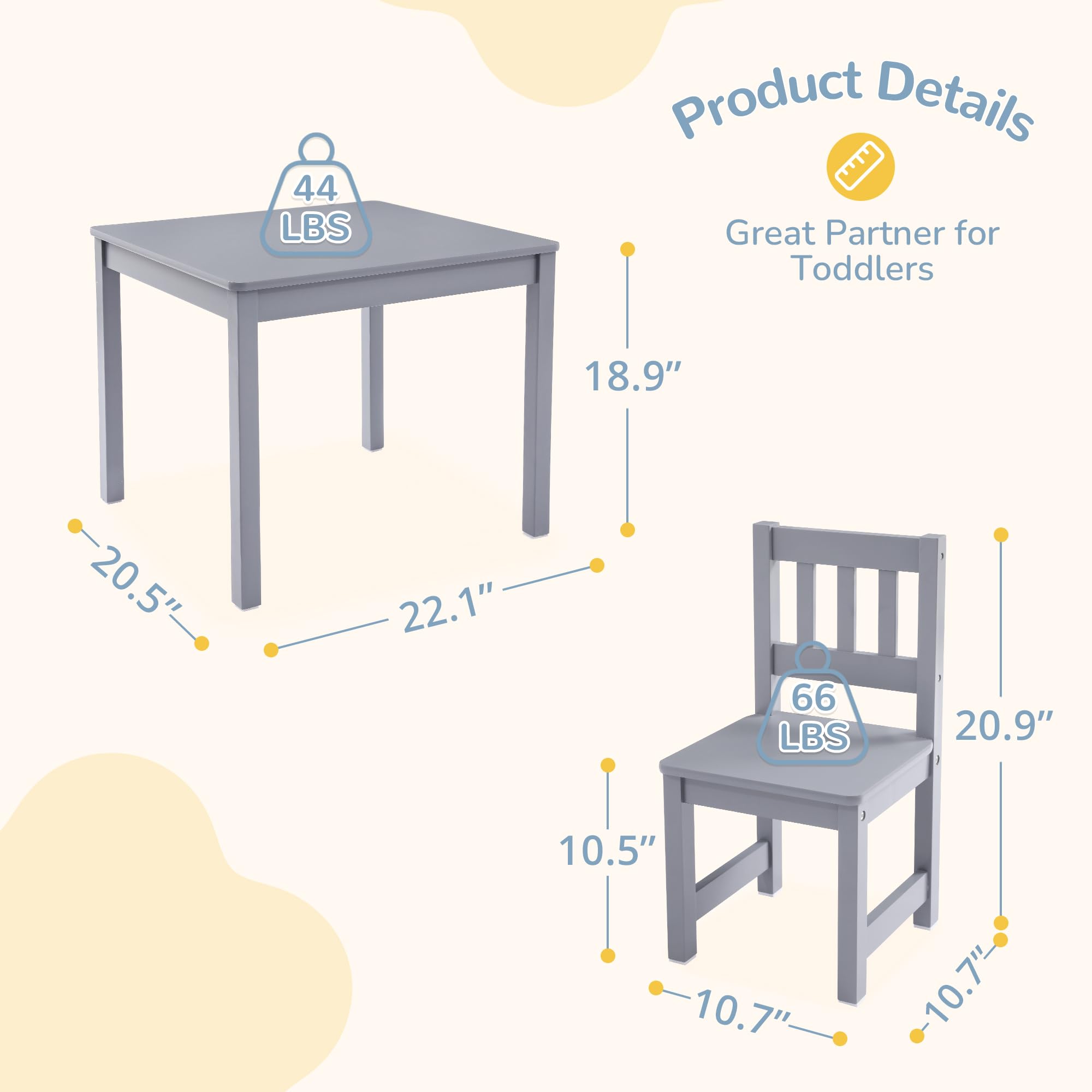 Curipeer Toddler Table and Chair Set, Kids Table and Chairs, Kids Table with Rubber Wood Legs for Children, Toddler Table and 2 Chairs for Kid's Room, Bedroom, Playroom (Gray)