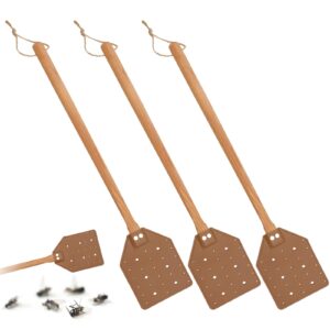 zocone 3 pack leather fly swatters with lanyard, sturdy fly swatter heavy duty wood fly swatter for indoors and outdoors