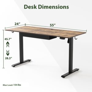 Agilestic Adjustable Height Electric Standing Desk with Storage Wooden Drawer, 55 x 24 Inches Stand Up Home Office Computer Gaming Table for Work Office Home, Rustic Brown