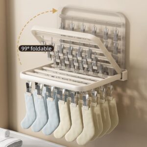 Wall mounted Sock drying rack Clothes Drying Rack,24 Clips Hole-Free Hidden Retractable Clothes Drying Rack Folding Indoor, Laundry Clothes Drying Rack Suitable for Drying Socks (WHITE-24 Clips)