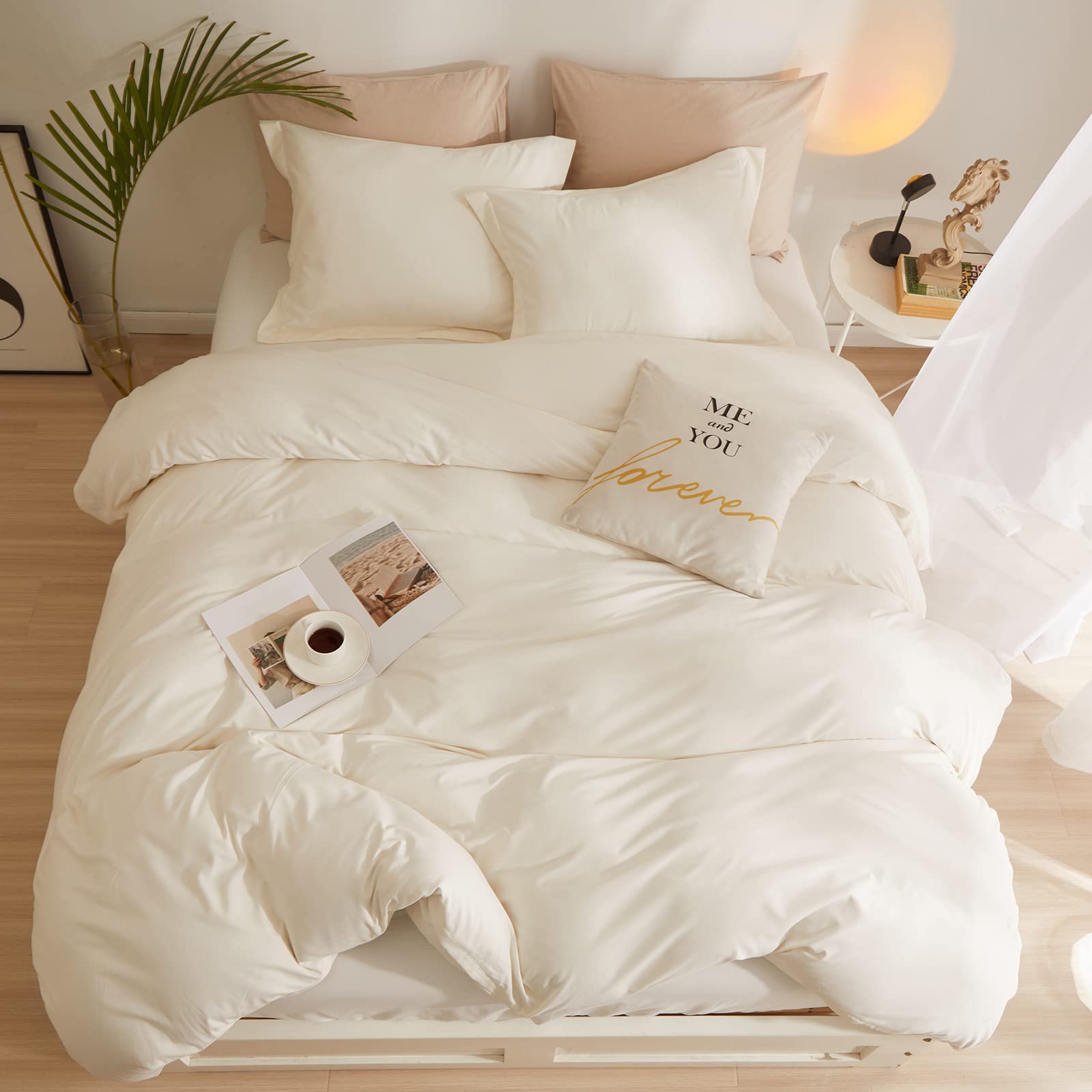 Cream White Duvet Cover King Size Soft Washed Microfiber Ivory Duvet Cover with Zipper Closure Boho 3 Pieces Bedding Set Off White Comforter Cover 1 Cream Duvet Cover 104”x90” with 2 Pillowcases