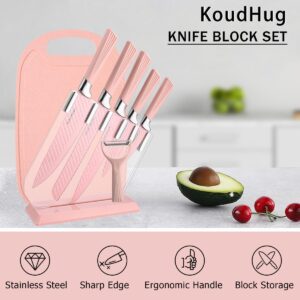 KoudHug Kitchen Knife Set, 9 pieces Pink Knife Set with Acrylic Block Cutting Board & Sharpener, High Carbon Stainless Steel Chef Knife Block Set for Cutting Slicing Dicing Chopping, Nonstick Coating