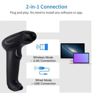 Alacrity 1D 2D Wireless Barcode Scanner with Stand Handheld & Handsfree QR Wired & Wireless 2 in 1 Inventory Bar Code Reader with 1800mA*H Rechargeable Battery 98ft Wireless Transmission Distance