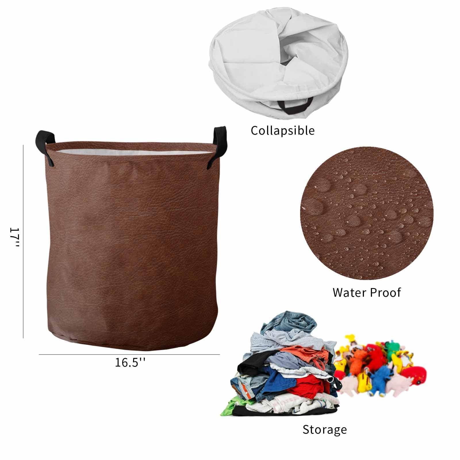 Laundry Basket Vintage Brown Leather Texture,Waterproof Collapsible Clothes Hamper Farmhouse Style,Large Storage Bag for Bedroom Bathroom