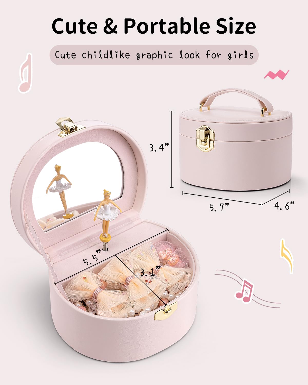 Vlando Musical Jewelry Box for Girls, Small Kid Music Box with Ballerina for Birthday Bedroom Decor, Gifts for Girls Kids - Light Pink