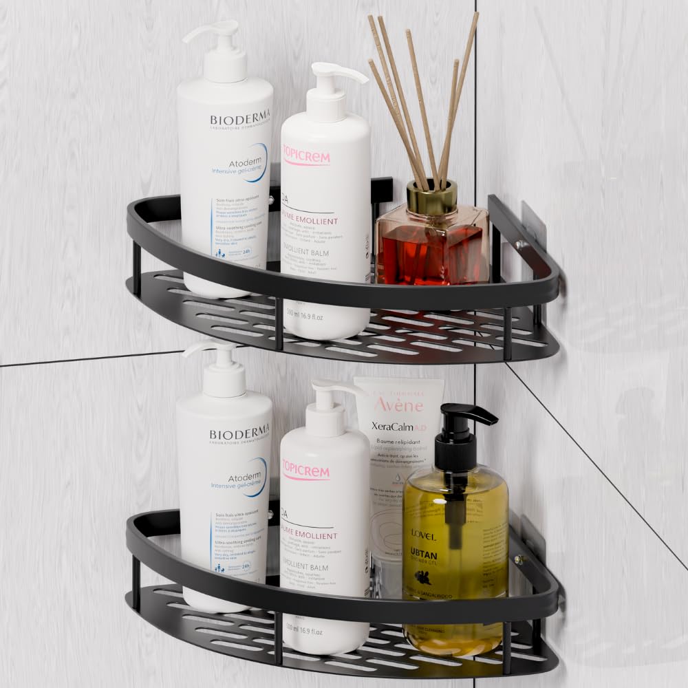 FERROFASIL Corner Shower Caddy 2 Pack, Adhesive Shower Organizer for Bathroom Storage, No Drilling Rustproof Shelves for Bathroom Organization, Matte Black Lightweight and Durable