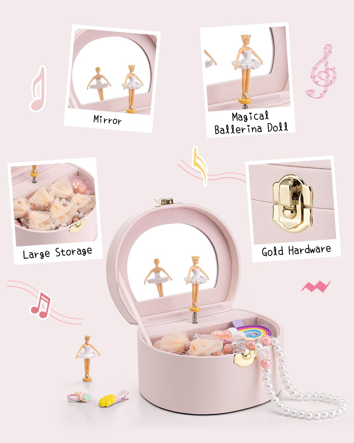 Vlando Musical Jewelry Box for Girls, Small Kid Music Box with Ballerina for Birthday Bedroom Decor, Gifts for Girls Kids - Light Pink