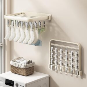 wall mounted sock drying rack clothes drying rack,24 clips hole-free hidden retractable clothes drying rack folding indoor, laundry clothes drying rack suitable for drying socks (white-24 clips)