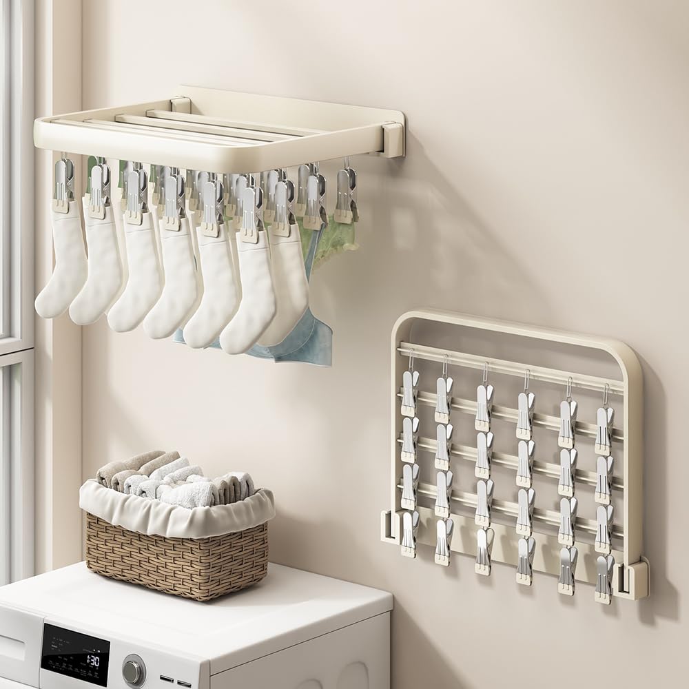 Wall mounted Sock drying rack Clothes Drying Rack,24 Clips Hole-Free Hidden Retractable Clothes Drying Rack Folding Indoor, Laundry Clothes Drying Rack Suitable for Drying Socks (WHITE-24 Clips)