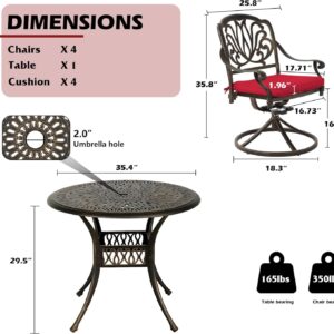 MAIBH Outdoor 5 Piece Cast Aluminum Bistro Set, Patio Table and Swivel Rocker Chairs Set of 4, Metal Patio Furniture Set with Umbrella Hole (35.4''Dia x 29.5''H, Lotus Pattern B) (Red)