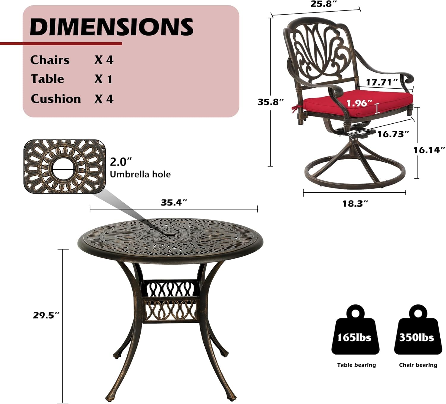 MAIBH Outdoor 5 Piece Cast Aluminum Bistro Set, Patio Table and Swivel Rocker Chairs Set of 4, Metal Patio Furniture Set with Umbrella Hole (35.4''Dia x 29.5''H, Lotus Pattern B) (Red)