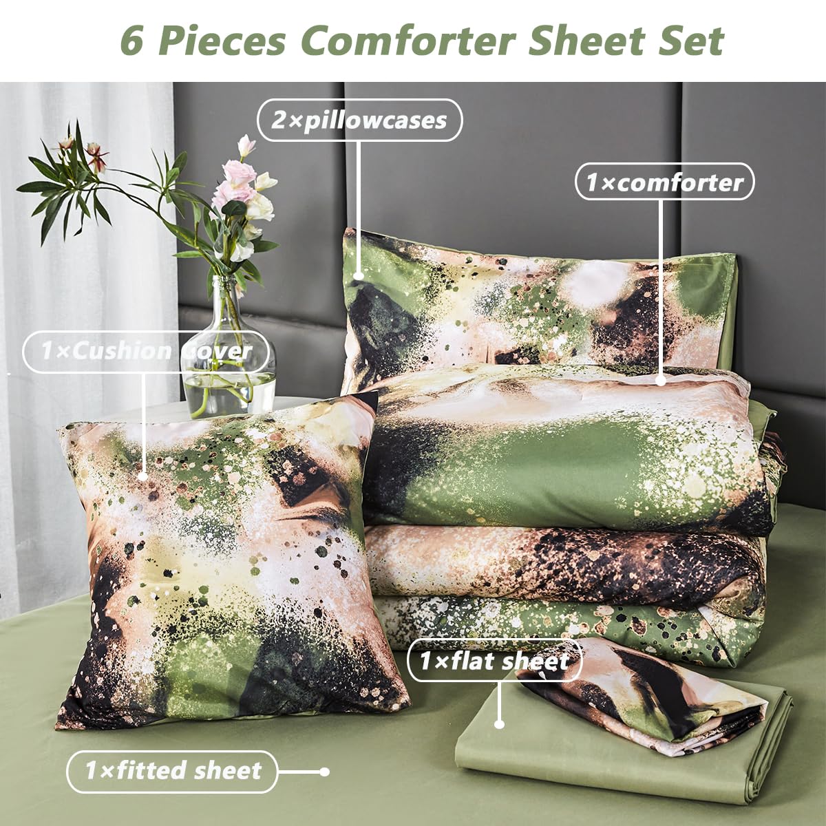 PERFEMET 6-Piece Queen Bed in A Bag Green Gold Tie Dye Bedding Set Lightweight Luxury Abstract Marble Textured Comforter Set for Kids Boys Girls(Green, Queen)