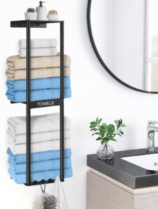 bathroom towel storage rack, wall towel rack for rolled towels, 3 tier towel holder shelf with 4 hooks for small bathroom, matte black