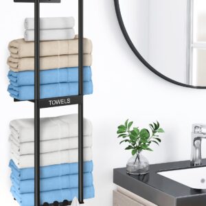 Bathroom Towel Storage Rack, Wall Towel Rack for Rolled Towels, 3 Tier Towel Holder Shelf with 4 Hooks for Small Bathroom, Matte Black