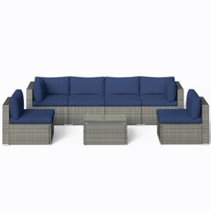 May in Color 7-Piece Modular Outdoor Sectional Wicker Patio Furniture Set with Coffee Table for Porch Balcony Backyard, Dark Blue