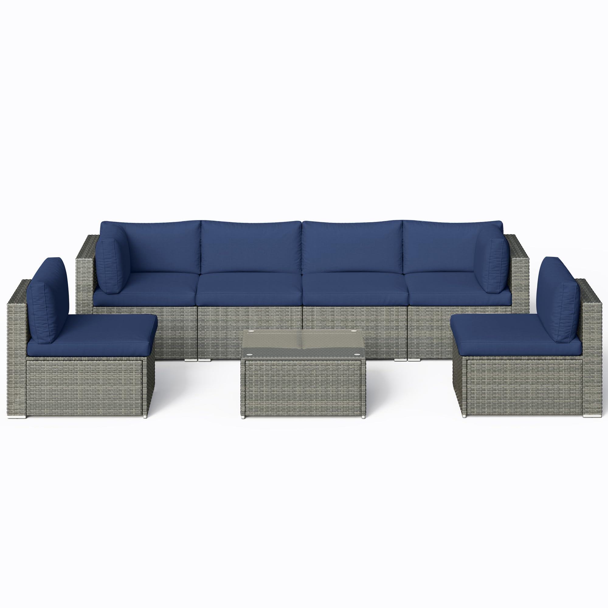 May in Color 7-Piece Modular Outdoor Sectional Wicker Patio Furniture Set with Coffee Table for Porch Balcony Backyard, Dark Blue