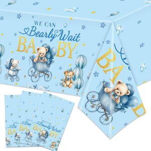 3pcs bear baby shower decorations tablecloth large blue teddy bear we can bear wait baby shower decorations table cloth 108x54 inches disposable waterproof table covers for boy baby shower party