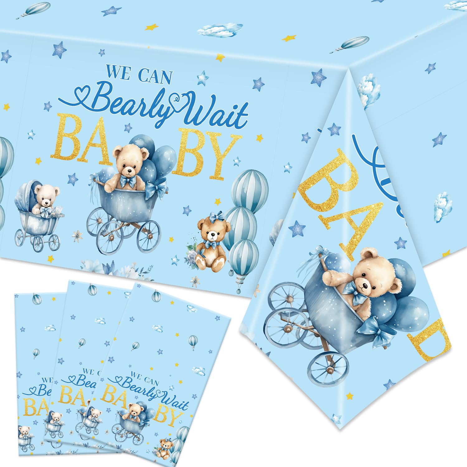 3pcs Bear Baby Shower Decorations Tablecloth Large Blue Teddy Bear We Can Bear Wait Baby Shower Decorations Table Cloth 108x54 Inches Disposable Waterproof Table Covers for Boy Baby Shower Party