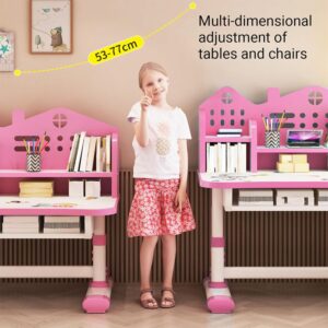 Children Adjustable Desk and Chair Set, Study Table for Kids, Pink Home School Writing Kids Desk and Chair Set with Drawers and Storage Compartments, Reading/Learning/Writing for Girls Pink (Pink)