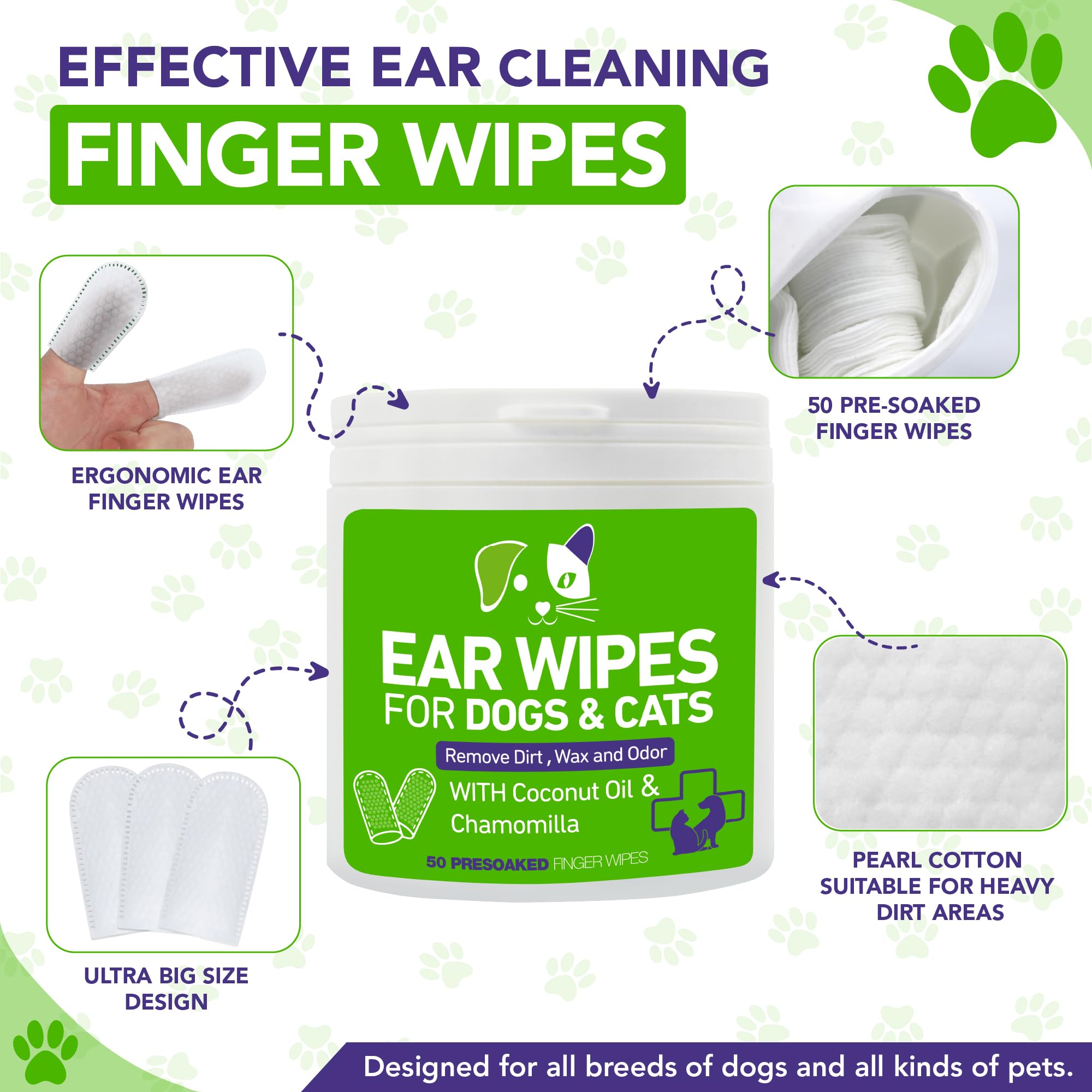 Bulldog Wrinkle Wipes, Cleaning & Soothing + Dog Ear Finger Wipes, Remove Debris, Wax and Odor