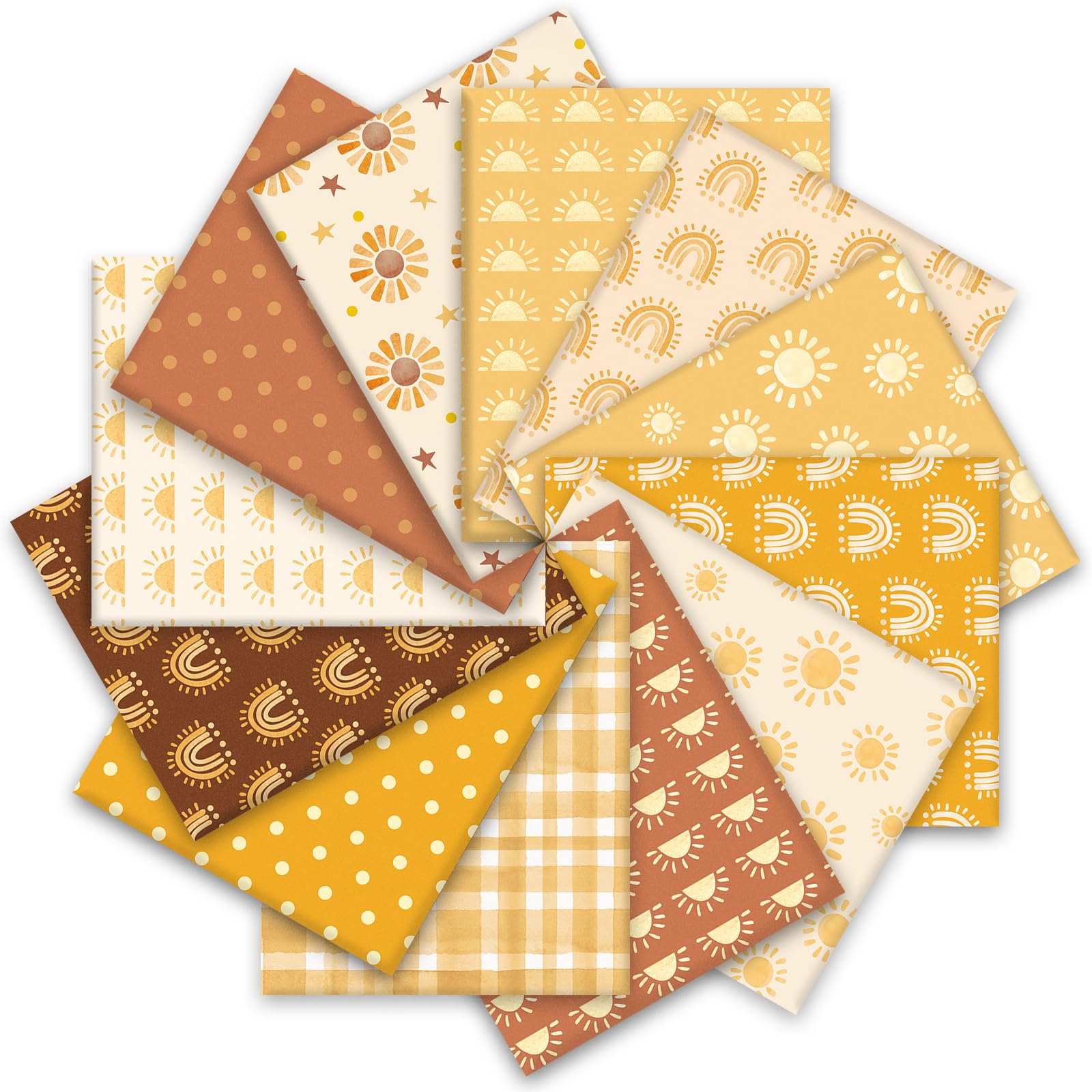 JarThenaAMCS 12Pcs Boho Sunshine Cotton Fabric Bundles Yellow Boho Sun Rainbow Dot Fat Quarters Decorative Quilting Patchwork for DIY Craft Home Party Decor, 18 x 22 Inch