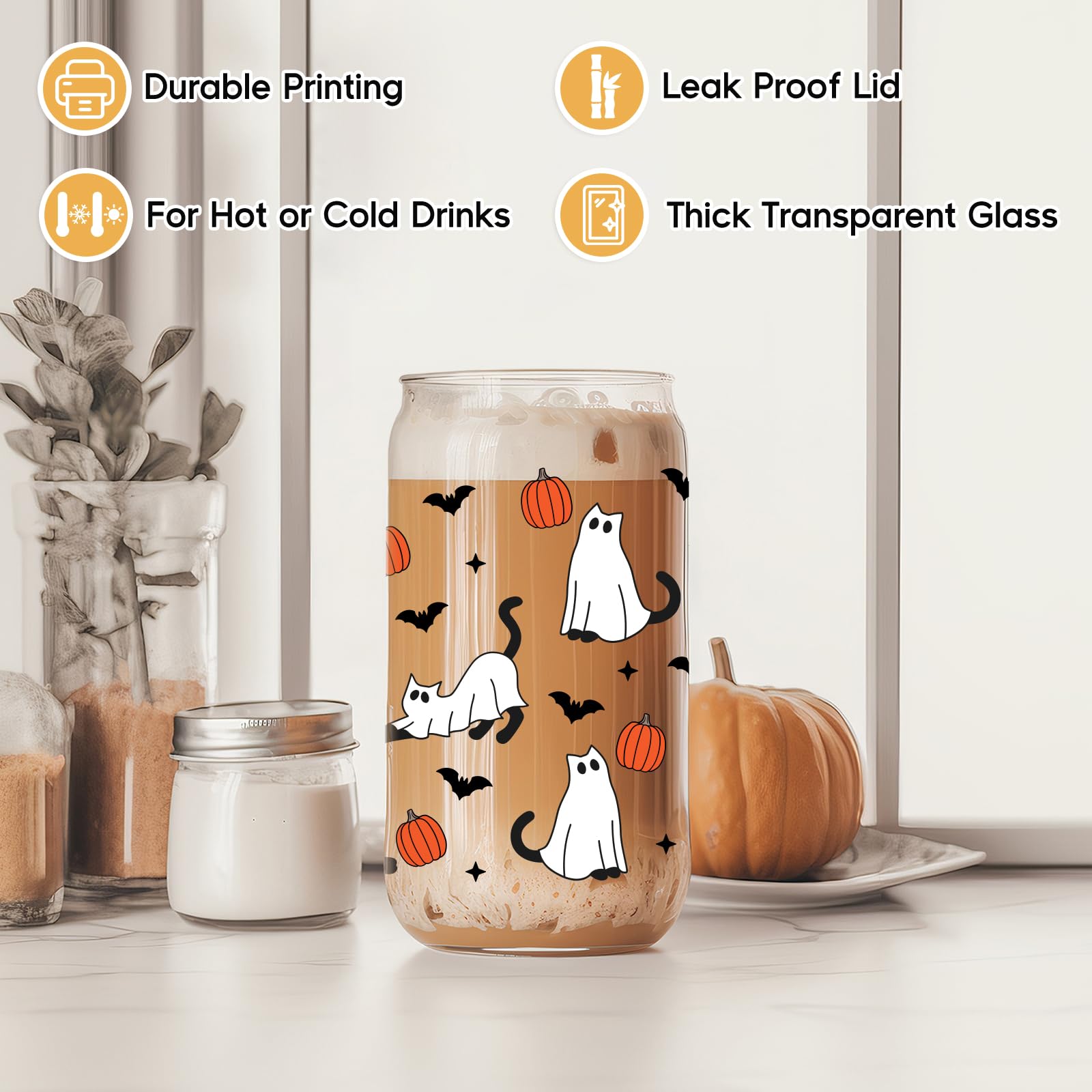 Fairy's Gift Halloween Ghost Cat Iced Coffee Cup, Halloween Cat Pumpkin Glass Tumbler, 16 oz Halloween Glass Cup with Lid Straw, Boo Basket Stuffers, Spooky Halloween Gifts for Cat Lover, Women Teen