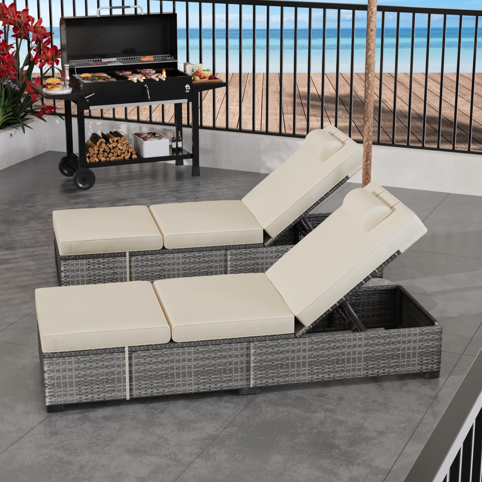 GAOMON Outdoor PE Wicker Patio Chaise Pool Lounge Chairs, Patio Pool Lounge Chairs Set, Rattan Recliners with Adjustable Backrest, Off White Cushions, and Storage Table, Set of 2-White