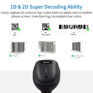 Alacrity 1D 2D Wireless Barcode Scanner with Stand Handheld & Handsfree QR Wired & Wireless 2 in 1 Inventory Bar Code Reader with 1800mA*H Rechargeable Battery 98ft Wireless Transmission Distance