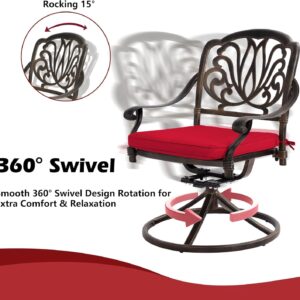 MAIBH Outdoor 5 Piece Cast Aluminum Bistro Set, Patio Table and Swivel Rocker Chairs Set of 4, Metal Patio Furniture Set with Umbrella Hole (35.4''Dia x 29.5''H, Lotus Pattern B) (Red)