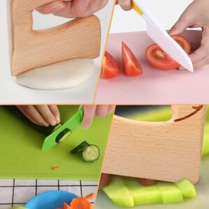 Leking 8 Pcs Wooden Kitchen Knife Set for Kids - Includes Safe Knives, Serrated Plastic Knives, Potato Slicers, Sandwich Cutter, Peeler and Cutting Board