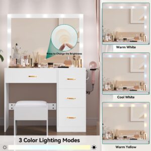 YITAHOME Vanity Desk Set with Large Lighted Mirror & Power Outlet, 3 Color Lighting Modes, Makeup Vanity Table with 4 Drawers, Storage Bench, Bedroom, White