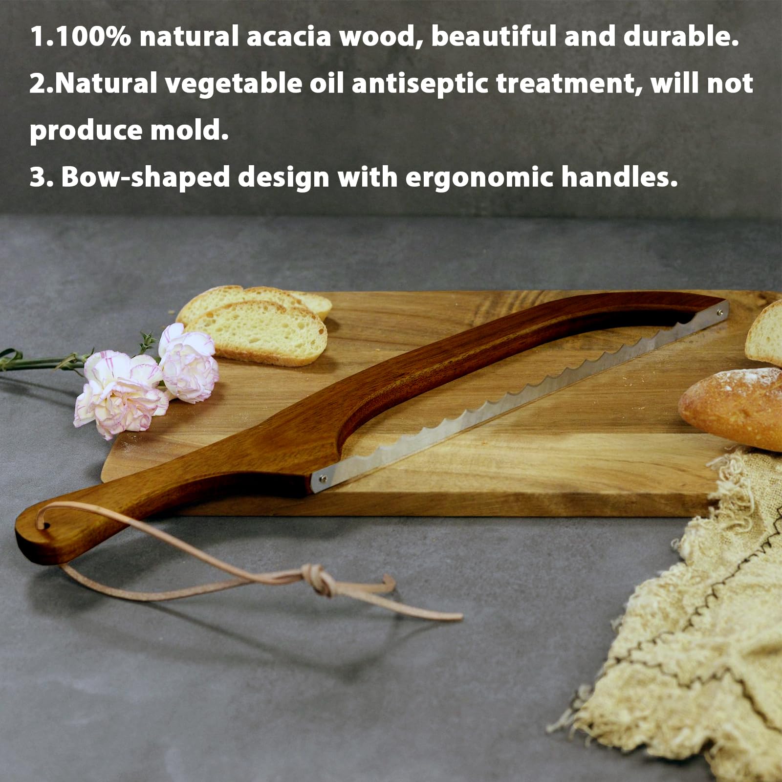 FUNFDWU bow bread knife, 16" Wooden Handle bread cutter with Leather Hanging Strap Serrated bread Saw knife for homemade bread sourdough, right handed bread bowl knife with Cover & Linen Storage Bag