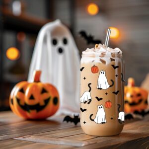 Fairy's Gift Halloween Ghost Cat Iced Coffee Cup, Halloween Cat Pumpkin Glass Tumbler, 16 oz Halloween Glass Cup with Lid Straw, Boo Basket Stuffers, Spooky Halloween Gifts for Cat Lover, Women Teen