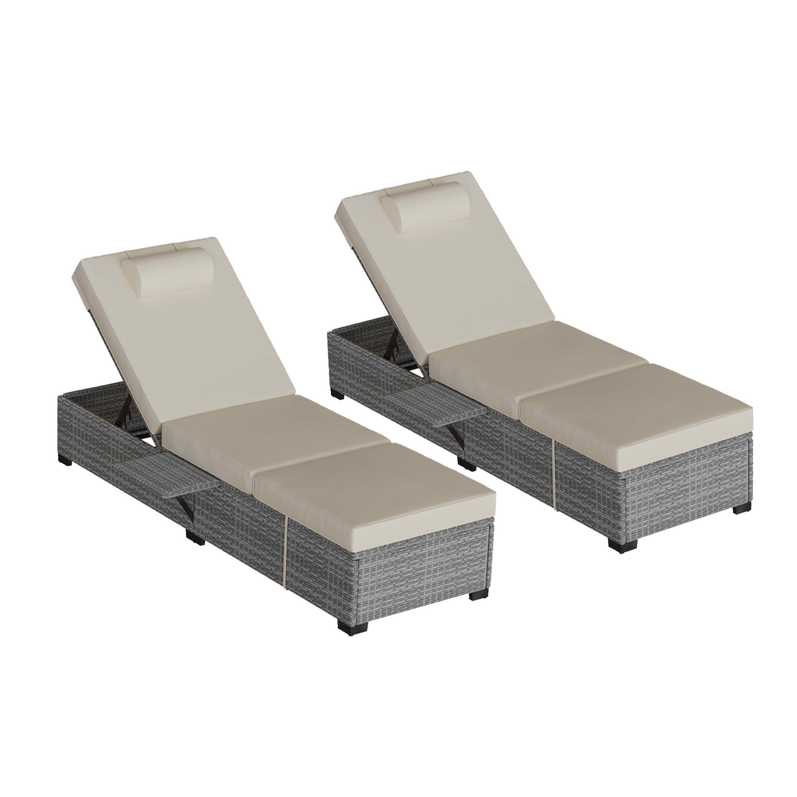 GAOMON Outdoor PE Wicker Patio Chaise Pool Lounge Chairs, Patio Pool Lounge Chairs Set, Rattan Recliners with Adjustable Backrest, Off White Cushions, and Storage Table, Set of 2-White