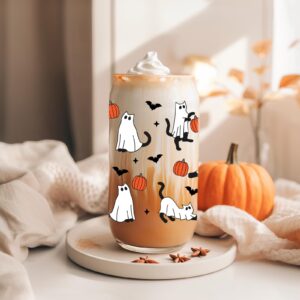 Fairy's Gift Halloween Ghost Cat Iced Coffee Cup, Halloween Cat Pumpkin Glass Tumbler, 16 oz Halloween Glass Cup with Lid Straw, Boo Basket Stuffers, Spooky Halloween Gifts for Cat Lover, Women Teen