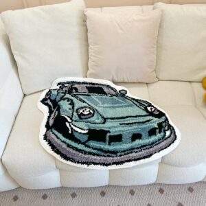 Enthusiast Green Sports Car Shaped Flocking Rug Irregular Geometric Carpet Bed Side Anti Slip Floor Pad Doormat Aesthetic Home (31.5 X24 Inch)