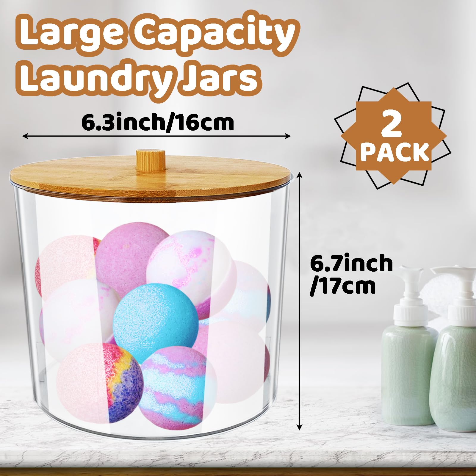 Haawooky 2 Pack Laundry Pods Container,93 oz Large Acrylic Laundry Storage Jars with Bamboo Lids,Detergent Holder for Bath Bombs,Dryer Balls,Scent Boosters,Laundry Room Organization