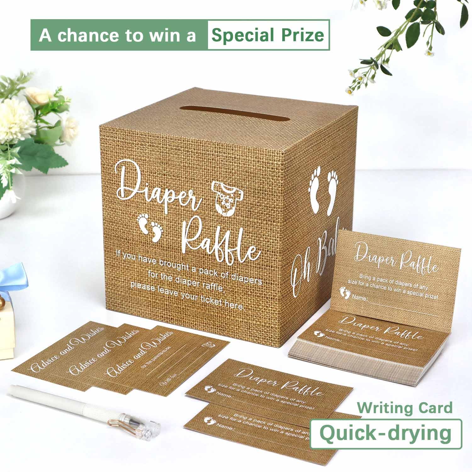 Lopeastar 51Pcs Burlap Print Diaper Raffle Tickets with Box Baby Shower Games, Neutral Kraft Diaper Raffle Cards Box Baby Shower Decorations for Boy Girl