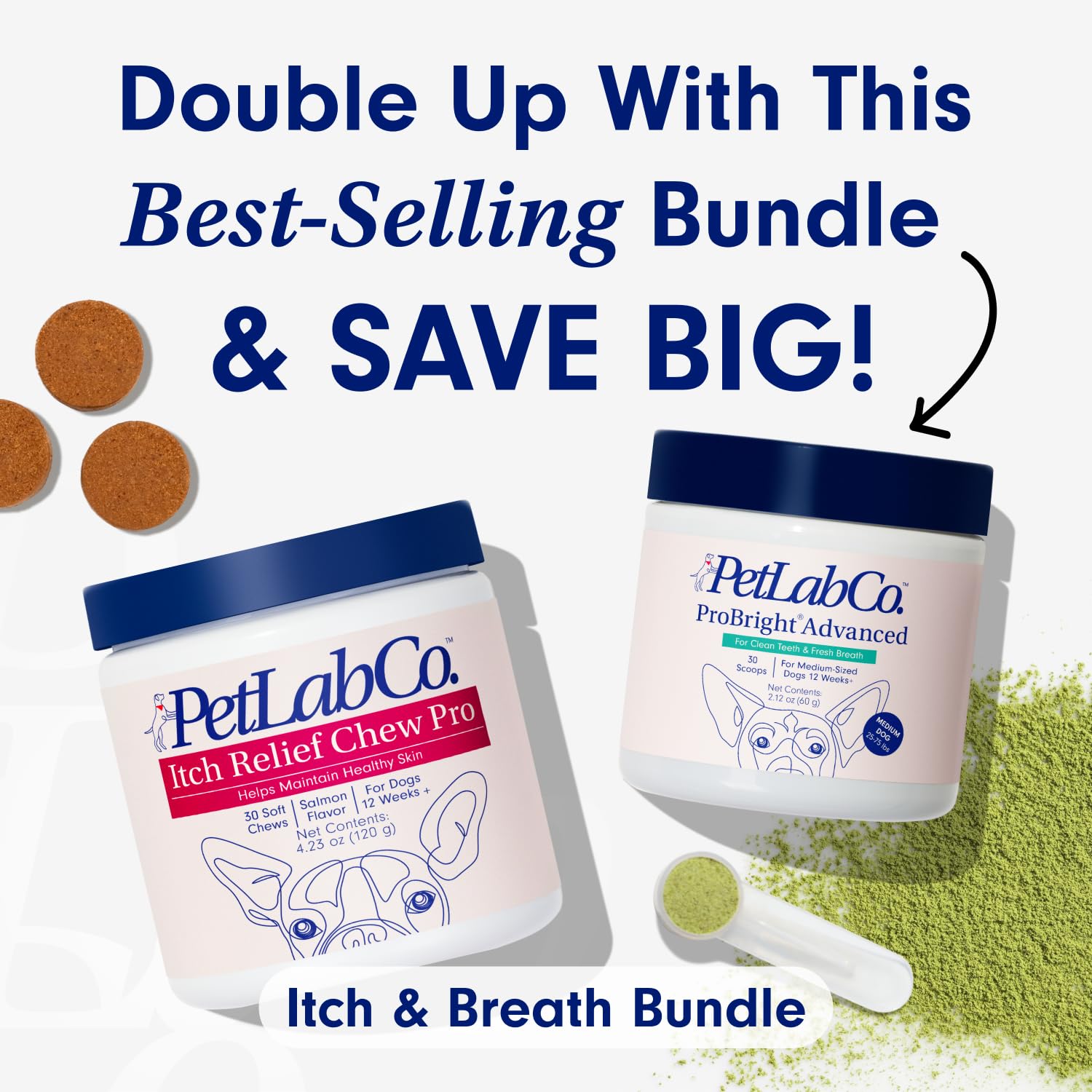 PetLab Co. – Itch & Breath Bundle: Dental Powder for Fresh Breath in just 1 Scoop. for Medium Dogs & Salmon Itch Relief Chew Pro Effortless Seasonal Allergy Support