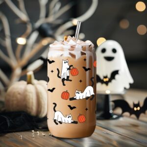 Fairy's Gift Halloween Ghost Cat Iced Coffee Cup, Halloween Cat Pumpkin Glass Tumbler, 16 oz Halloween Glass Cup with Lid Straw, Boo Basket Stuffers, Spooky Halloween Gifts for Cat Lover, Women Teen