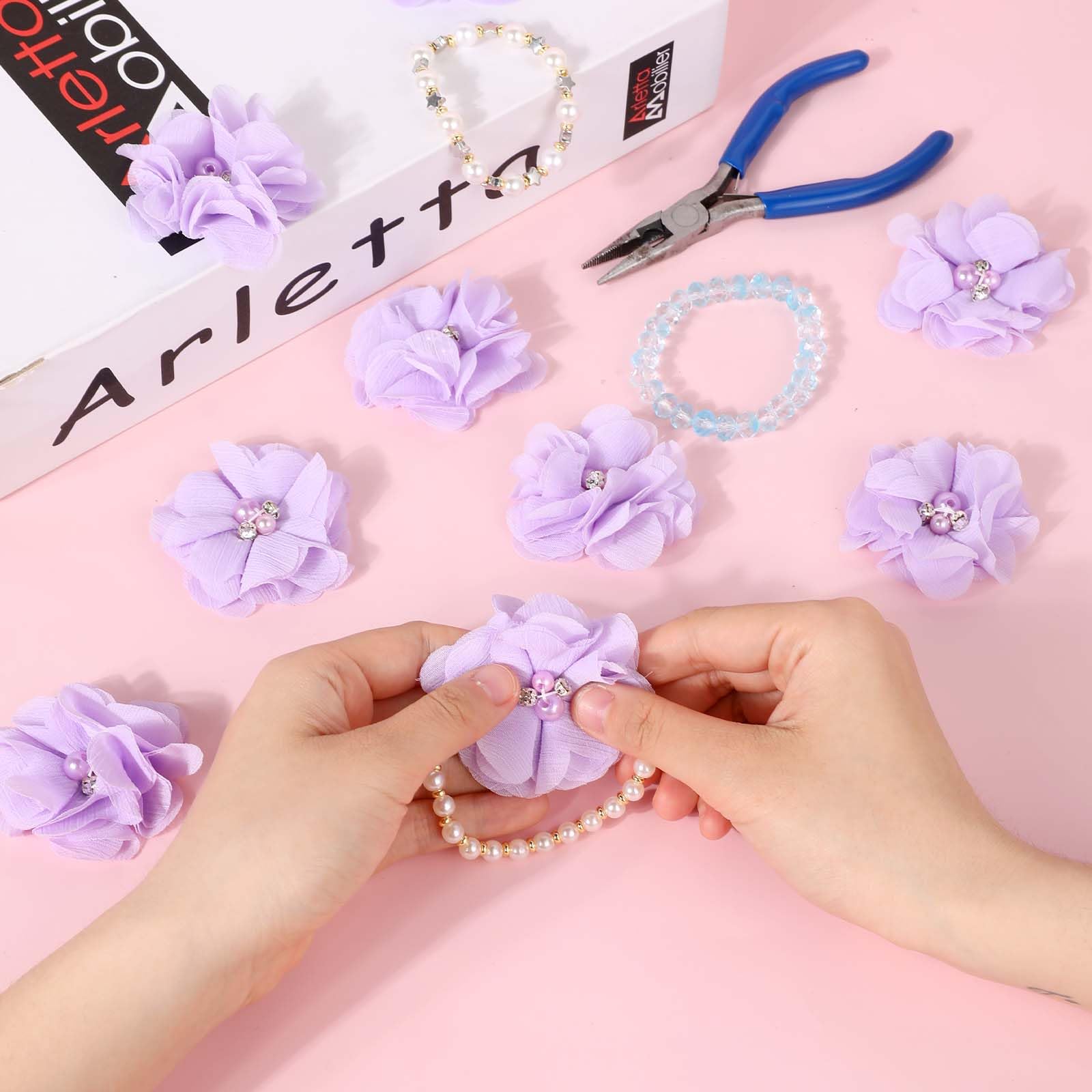 30 Pieces Fabric Flowers for Crafts, Purple Rhinestone Pearl Chiffon Applique Patches Lace Sewing Small Floral Applique for Clothing, Wedding Ornament, Graduation Headbands Flower, Party Decoration