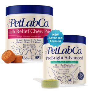 petlab co. – itch & breath bundle: dental powder for fresh breath in just 1 scoop. for medium dogs & salmon itch relief chew pro effortless seasonal allergy support