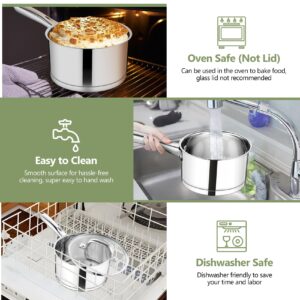 TeamFar 2 qt Saucepan with Lid, Stainless Steel Small Sauce Milk Pan with Tri-ply Bottom for Induction/Gas/Electric/Ceramic, Healthy & Heavy Duty, Mirror Finish & Straight Side, Dishwasher Safe